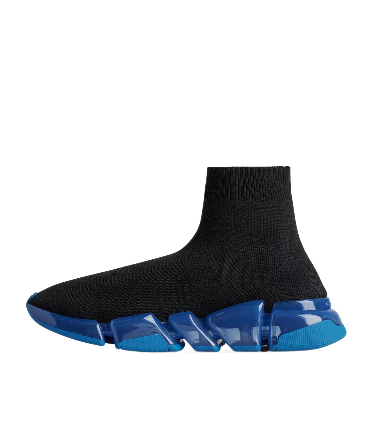BALENCIAGA MEN'S SPEED 2.0 FULL CLEAR SOLE RECYCLED KNIT SNEAKER IN BLACK/BLUE
