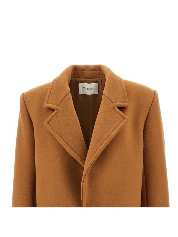 Saint Laurent Brown Coat With Classic Lapels And Shoulder Pads In Virgin Wool Woman In Brown