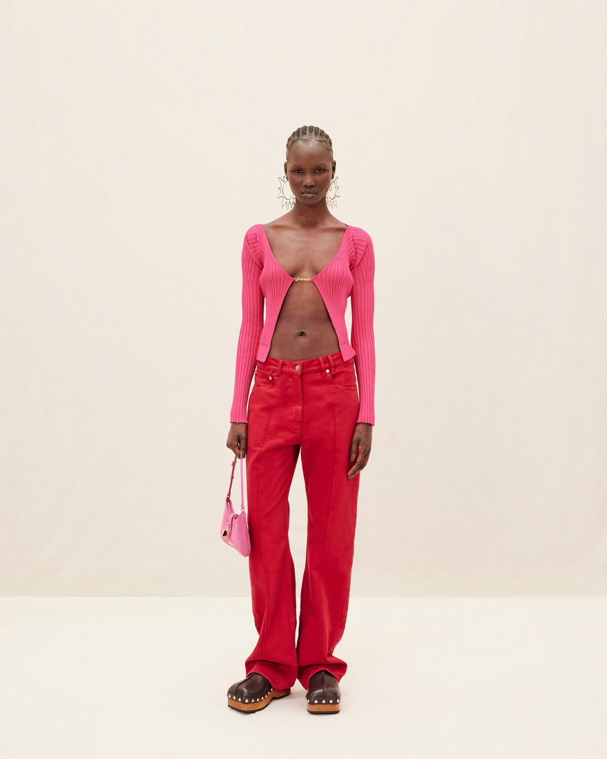 Jacquemus Pralù Cropped Embellished Ribbed-knit Cardigan In Pink