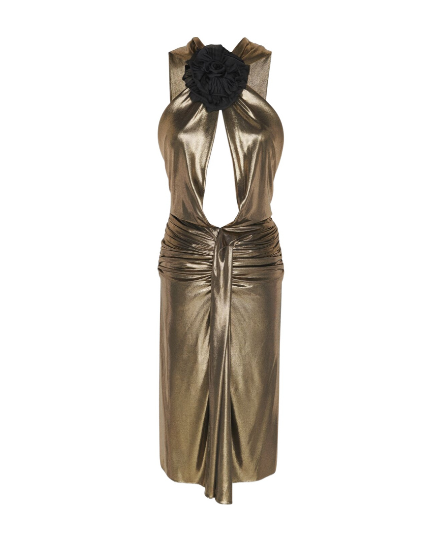 Saint Laurent Flower-applique Cutout Ruched Metallic Dress In Brown