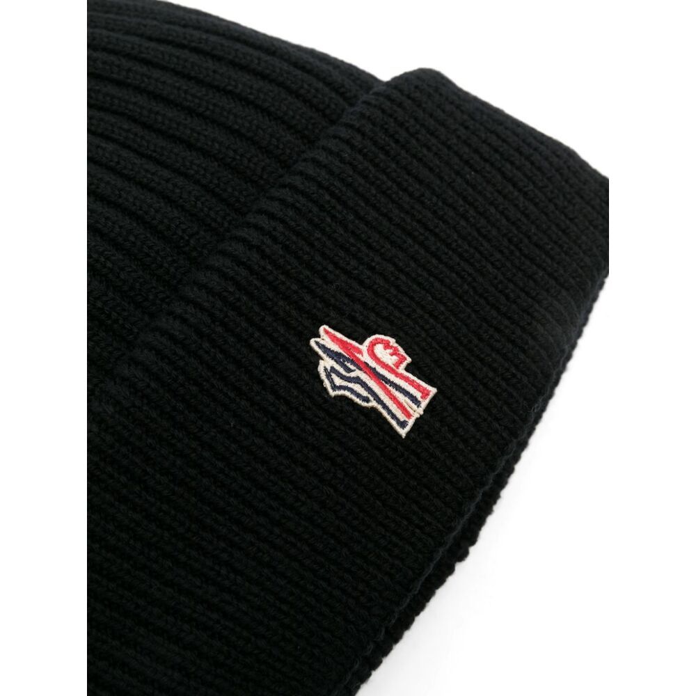 Moncler Grenoble Black Ribbed Beanie With Logo Patch In Wool Man In Black