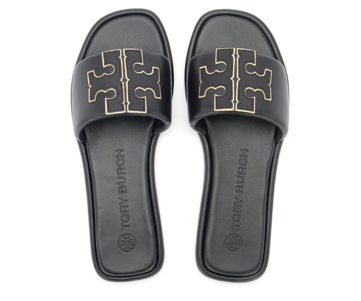 Shop Tory Burch Double T Patch Slides In Black