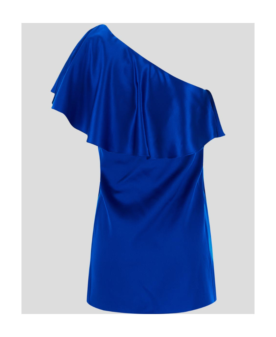 Saint Laurent One-shoulder Ruffle Satin Mini Dress In Blue