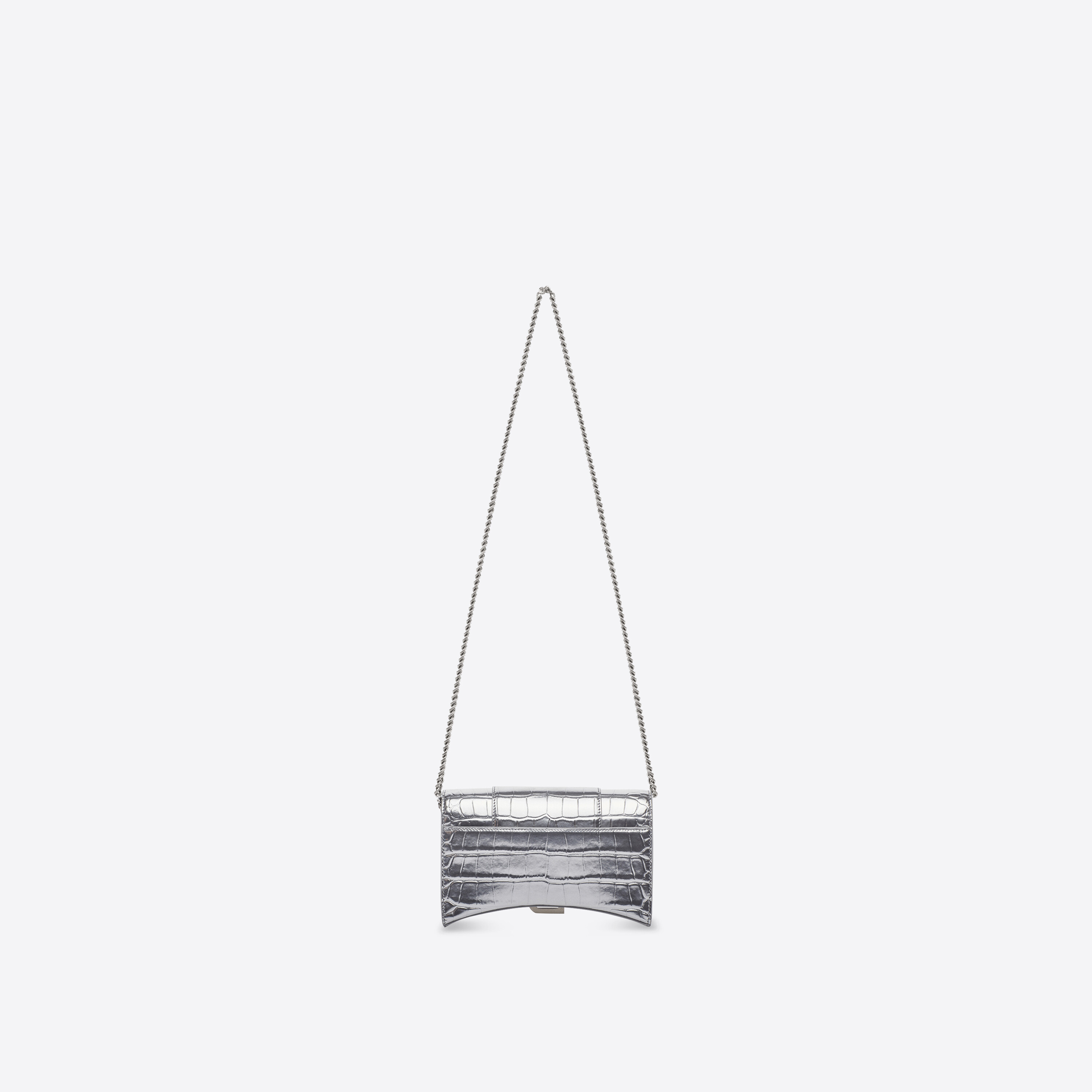 Balenciaga Hourglass Embossed Leather Chain Wallet In Silver