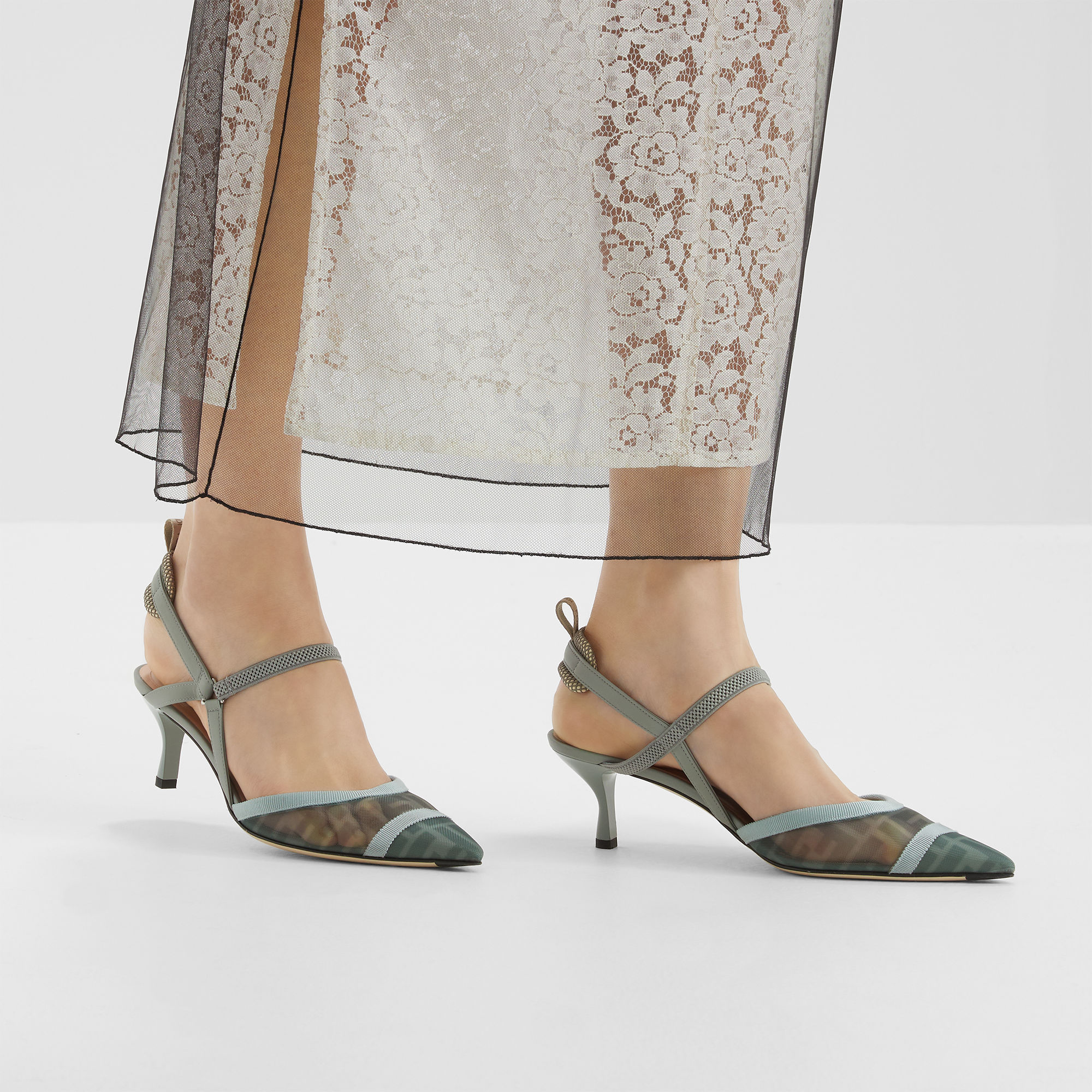 Fendi Matcha Green Ff Mesh High-heel Slingbacks In Gray