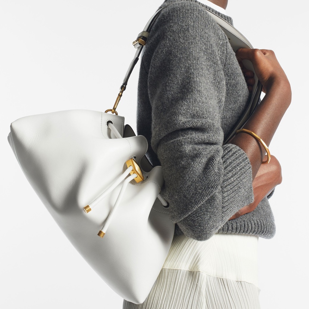 Jimmy Choo Medium Cinch Leather Shoulder Bag In Latte/gold