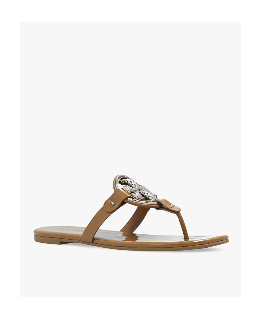 Tory Burch Logo-plaque Open-toe Slides In Brown
