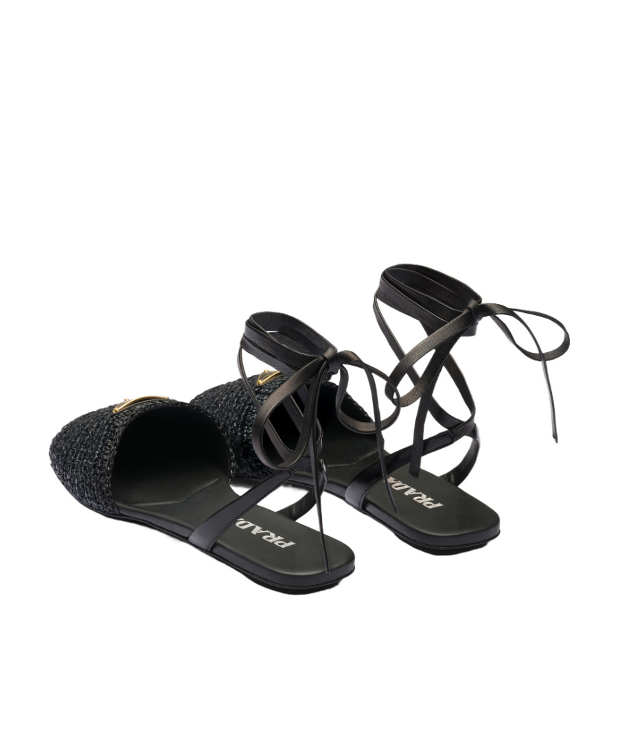 Prada Logo-plaque Woven-raffia Sandals In Black