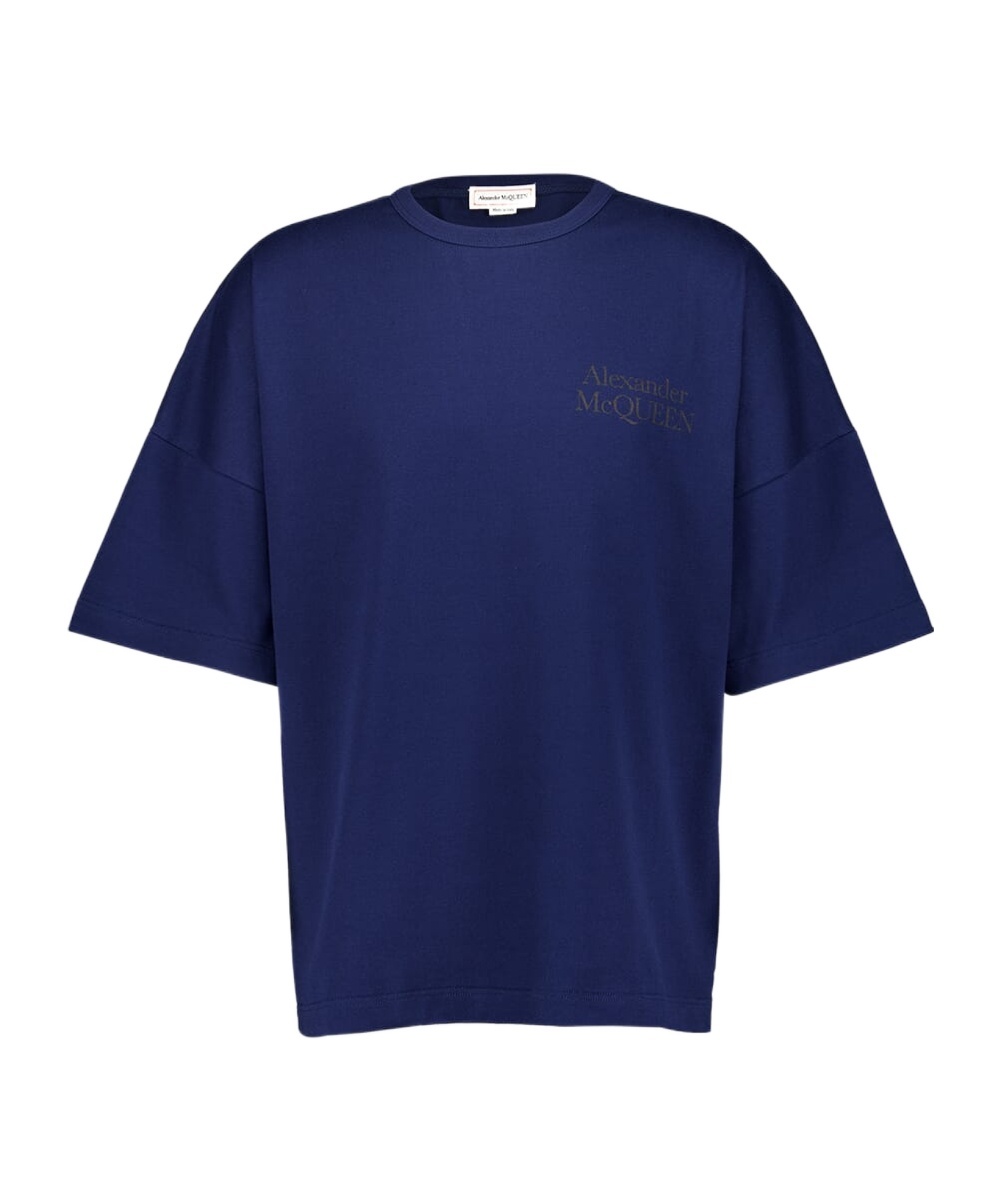 Alexander Mcqueen Solid Color Crew-neck T-shirt With Printed Logo In Blue