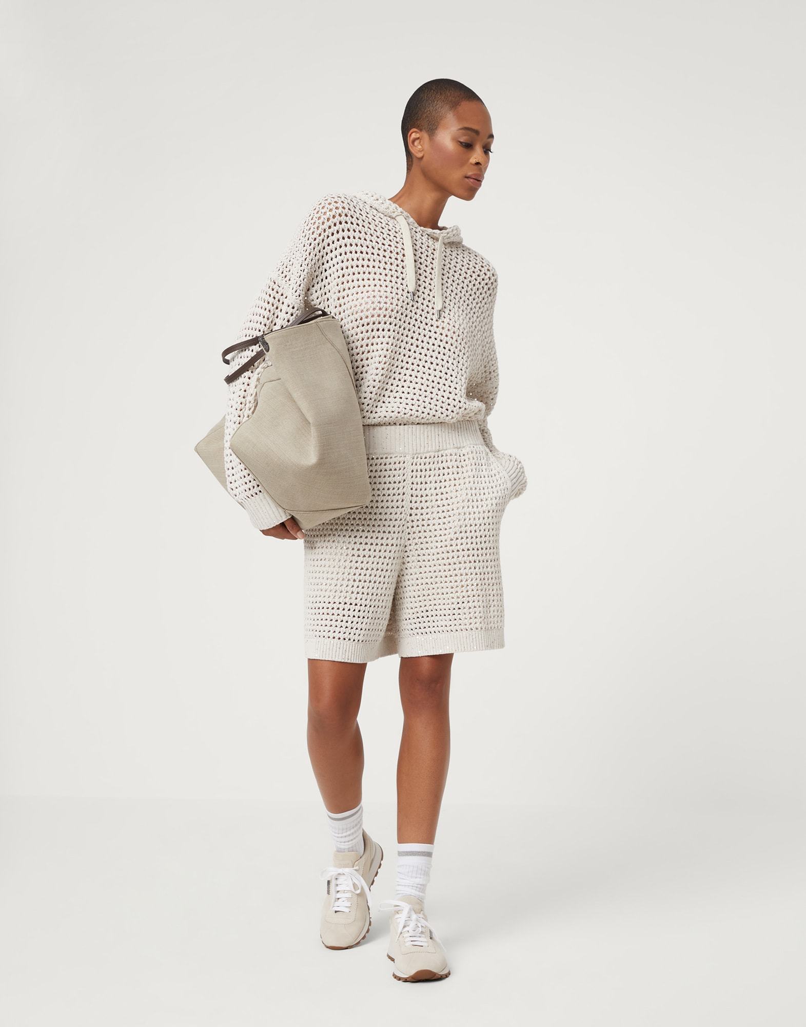 Brunello Cucinelli Women's Cotton Dazzling Net Hooded Sweater In White