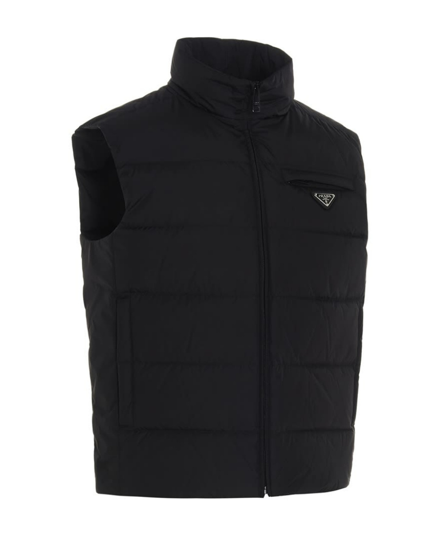 Prada Triangle Logo Zip-up Padded Vest In Black