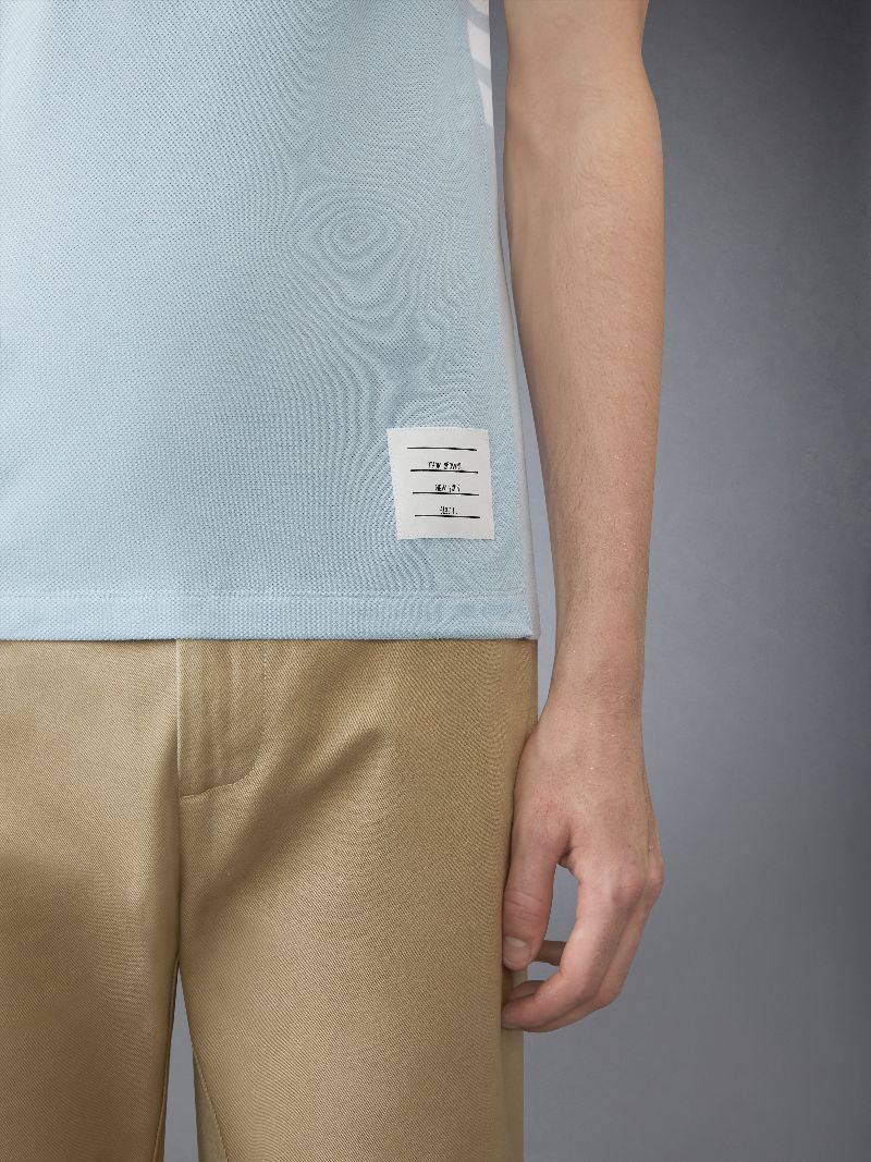 Thom Browne Light Blue Polo Shirt With Four Stripe Detail And Logo Patch On The Front In Cotton Man In Blue