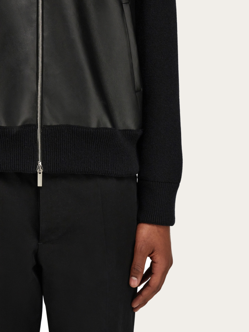 Ferragamo Bomber Jacket In Leather And Wool In Black