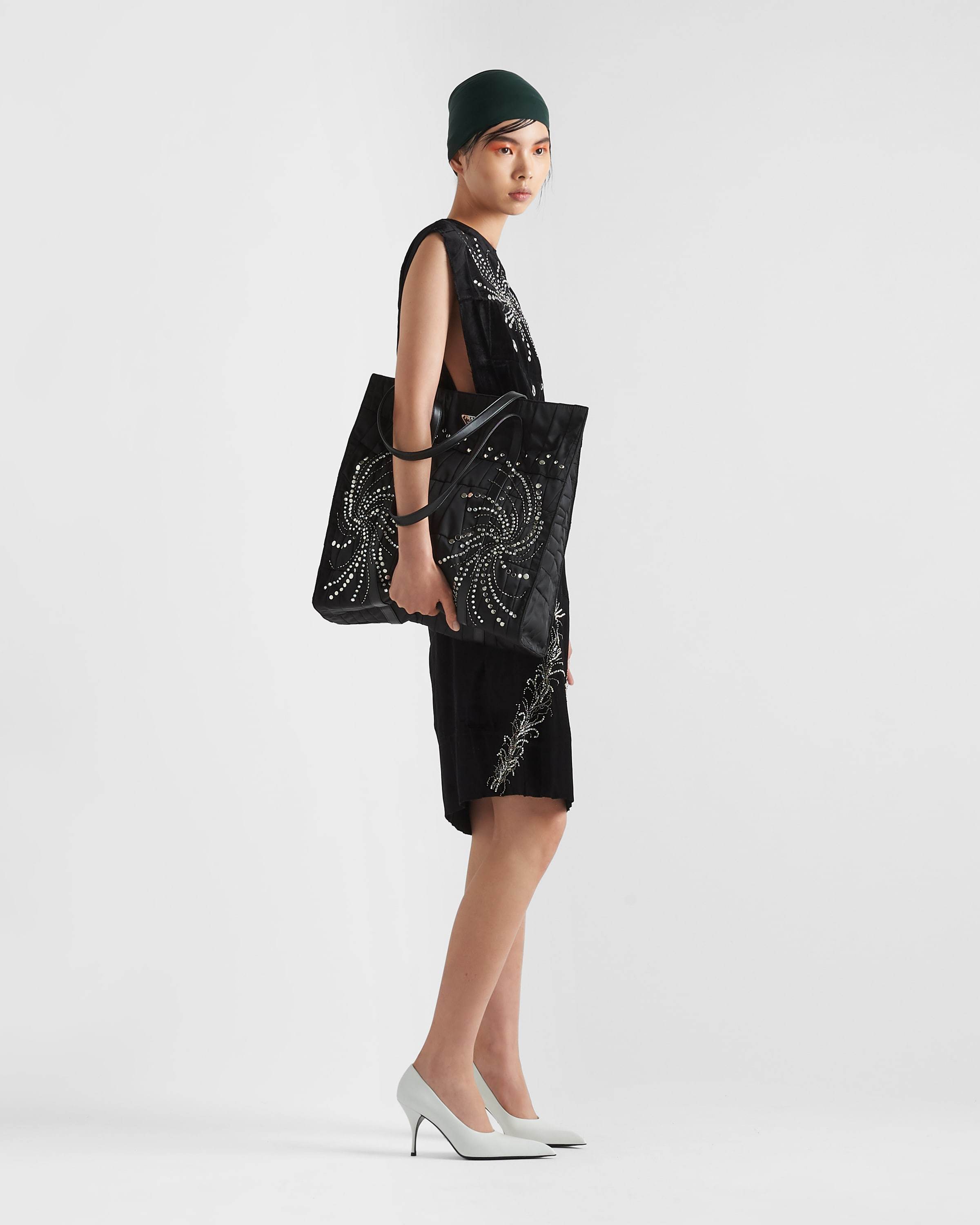 Shop Prada Large Re-nylon Patchwork Tote Bag With Embroidery In Black