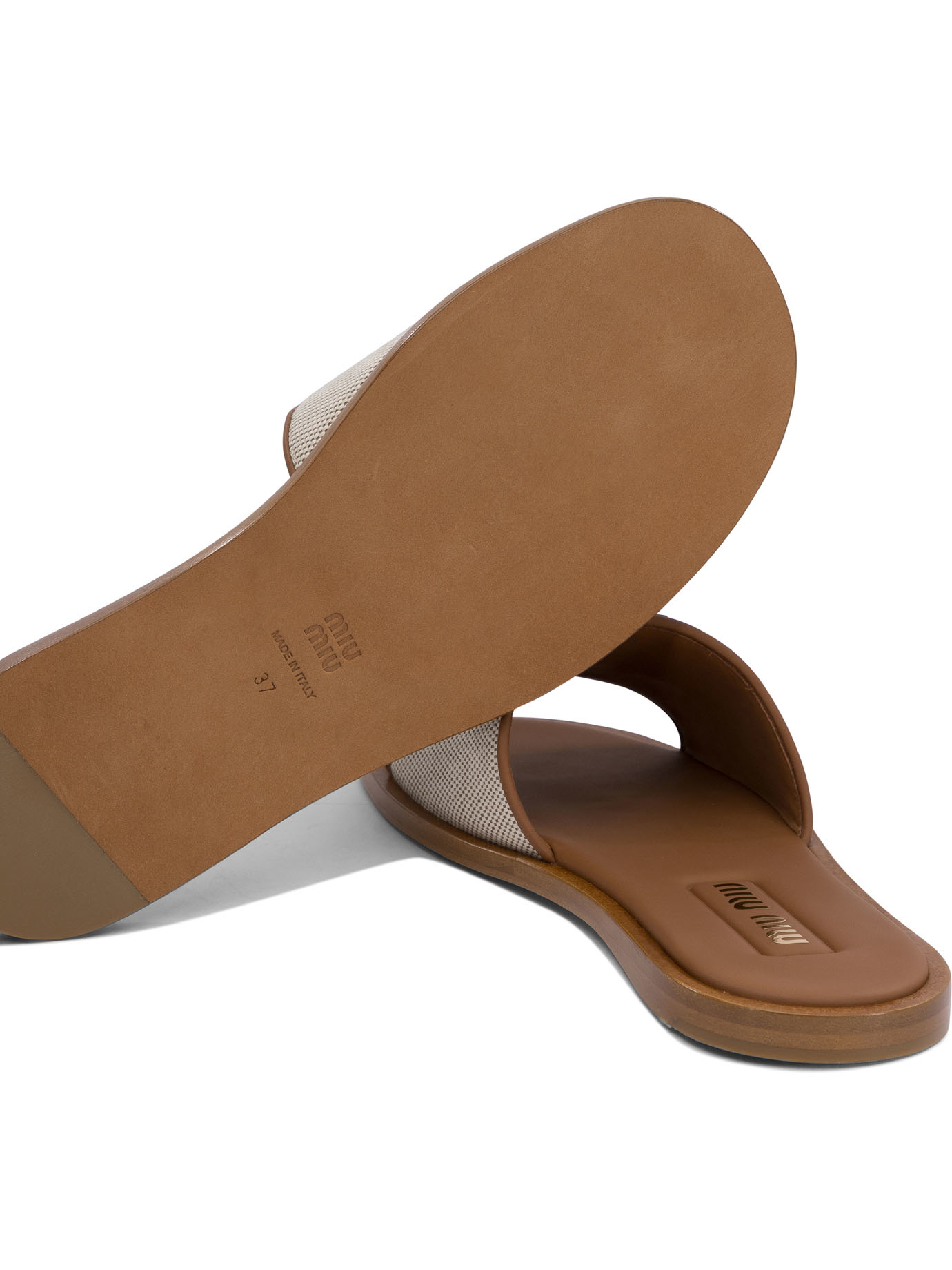 MIU MIU CANVAS AND LEATHER SLIDES
