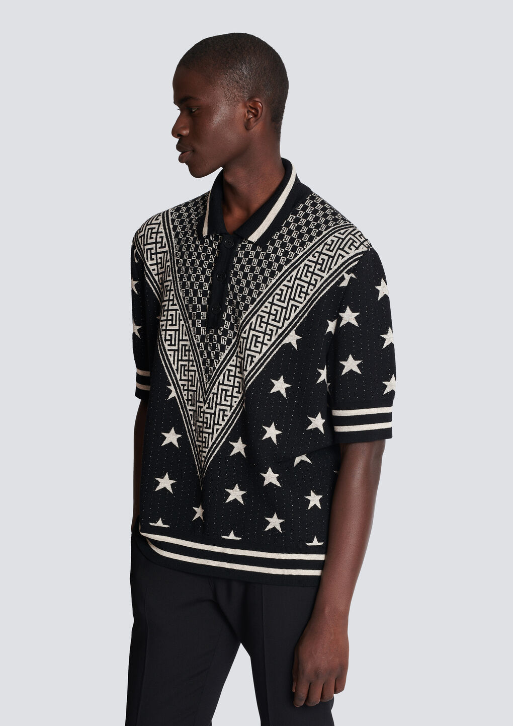 Balmain Monogram Stars Knitted Polo Shirt In Black