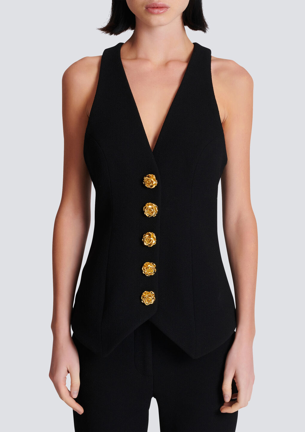 Shop Balmain Rose-button Virgin Wool Waistcoat In Black