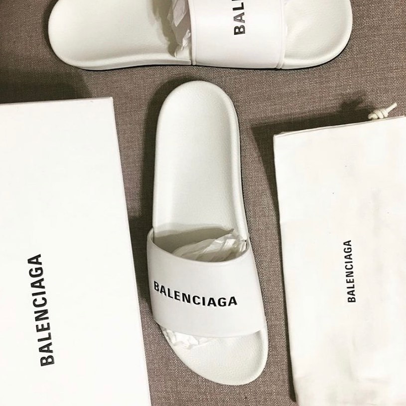Balenciaga Lettering Logo Pool Slides In White