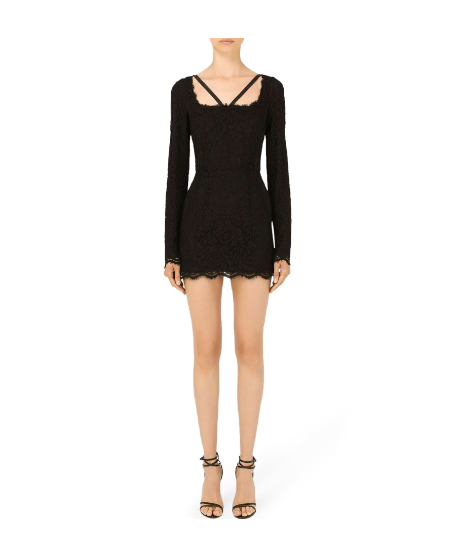 Dolce & Gabbana Black Stretch Silk Charmeuse Lace Dress In Black