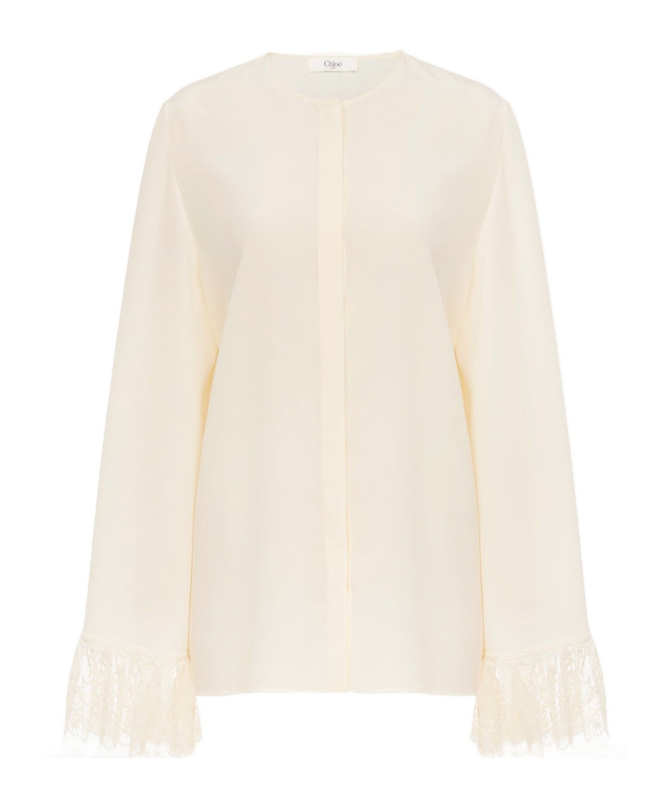 Chloé Button Down Crepe De Chine Top With Lace Sleeves In White