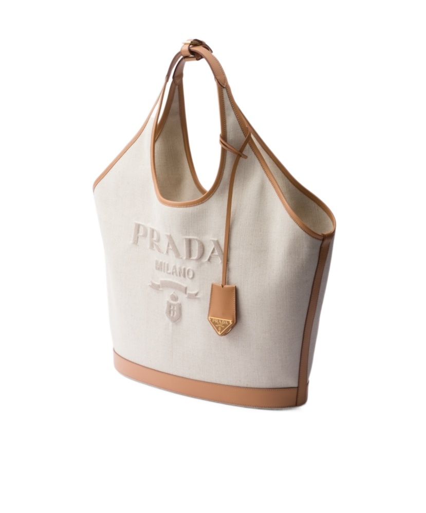 Prada Large Linen Blend And Leather Tote Bag In Neutral Color