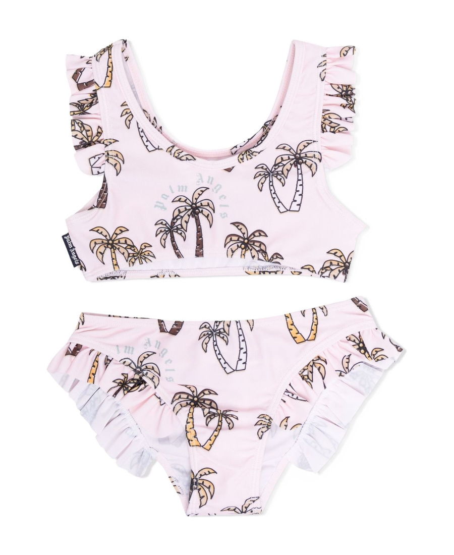 Palm Angels Palm-tree Print Ruffled Bikini Set In White