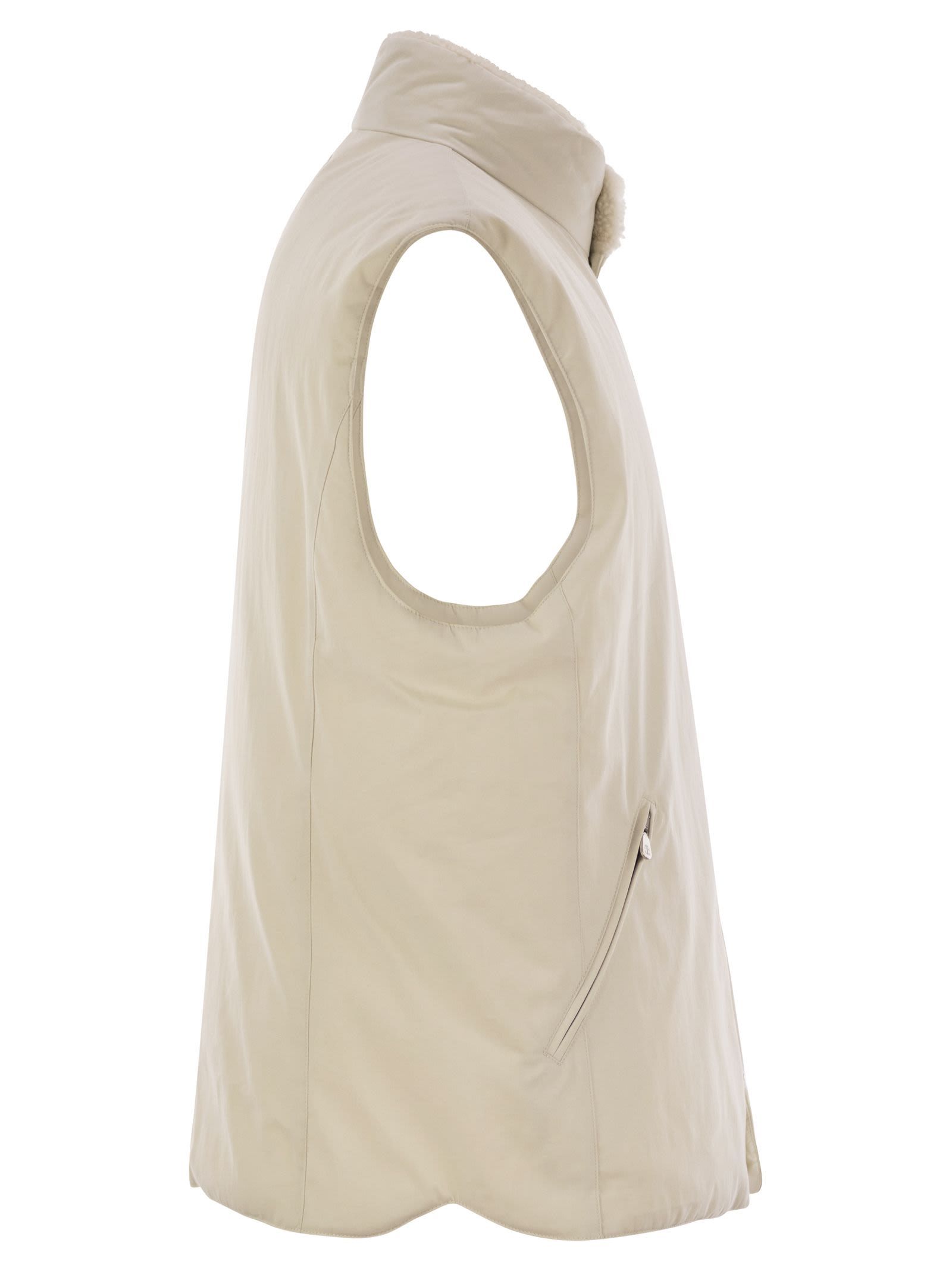 Brunello Cucinelli Men Sleeveless Down Jacket With Sheepskin Collar In Nude