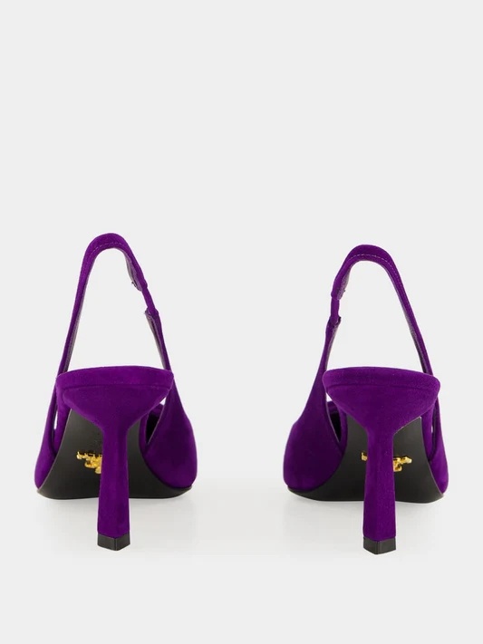 Prada 75 Triangle Logo Slingback Suede Pumps In Purple