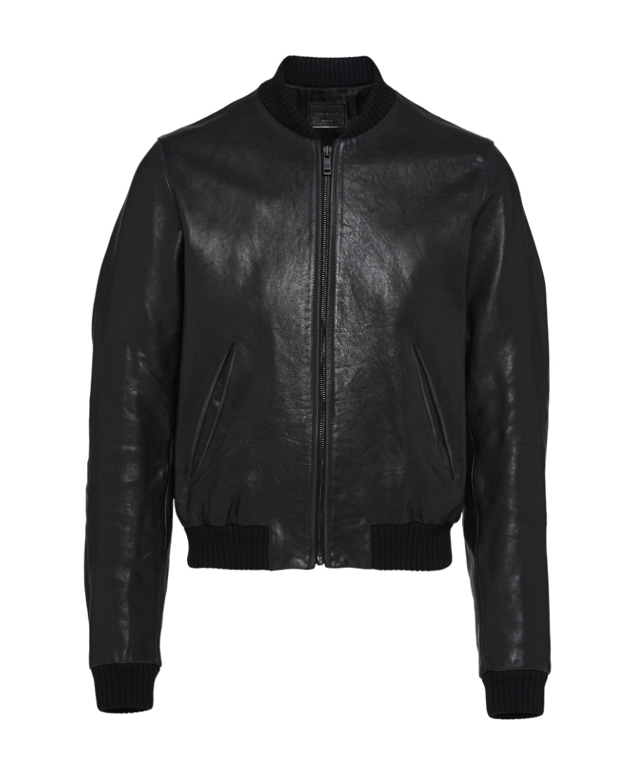Prada Logo-patch Leather Bomber Jacket In Black