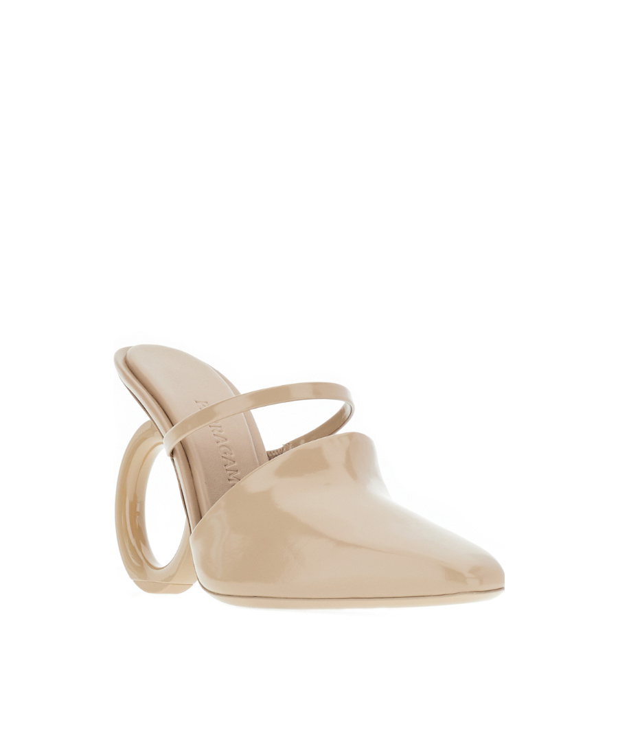 Ferragamo Leather Elina Mules Peculiar Heel In Nude