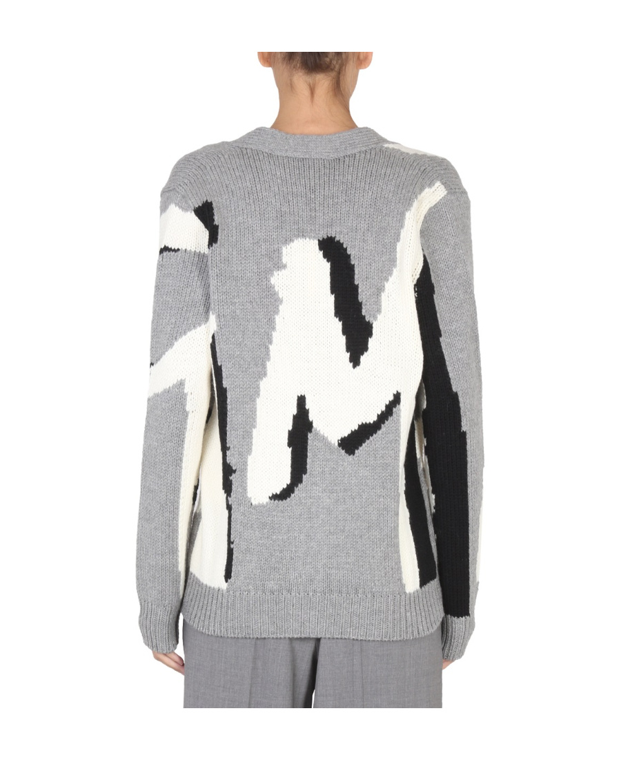 Shop Msgm Logo-print Knit Cardigan In Gray