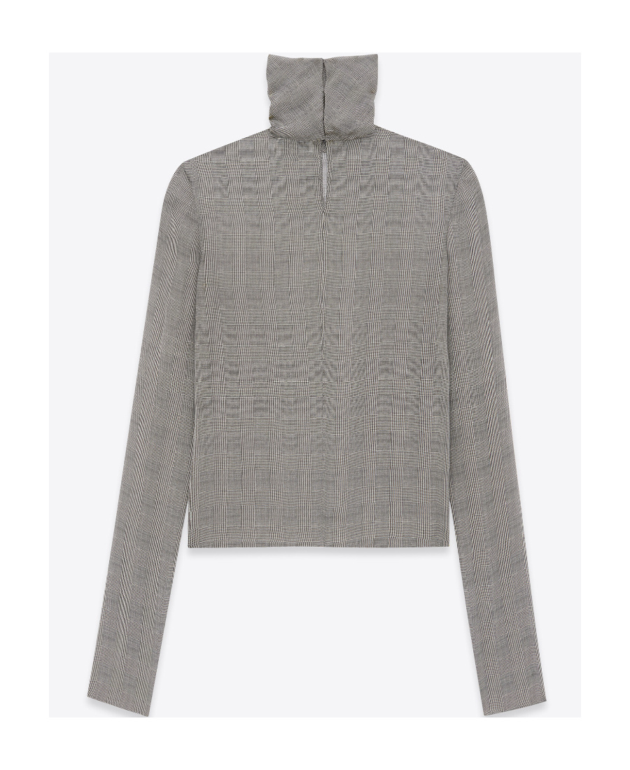 Saint Laurent Fine-check Sheer-silk Top In Gray