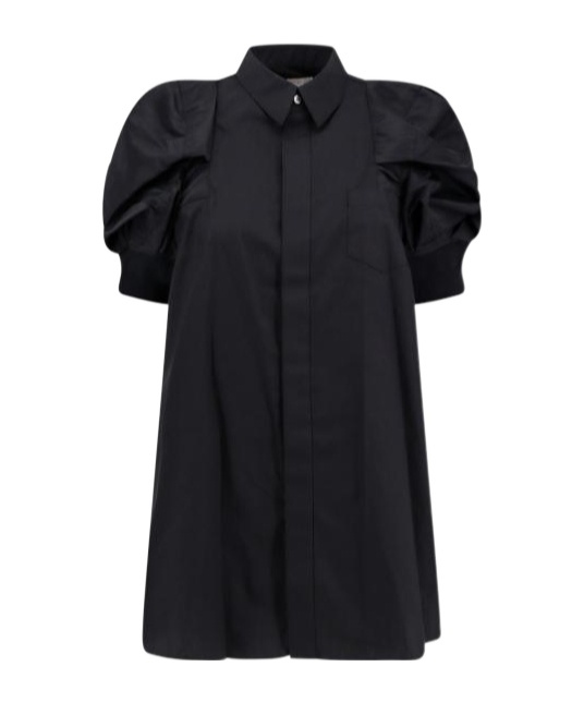 Sacai Cotton Shirt With Nylon Balloon Sleeves In Black