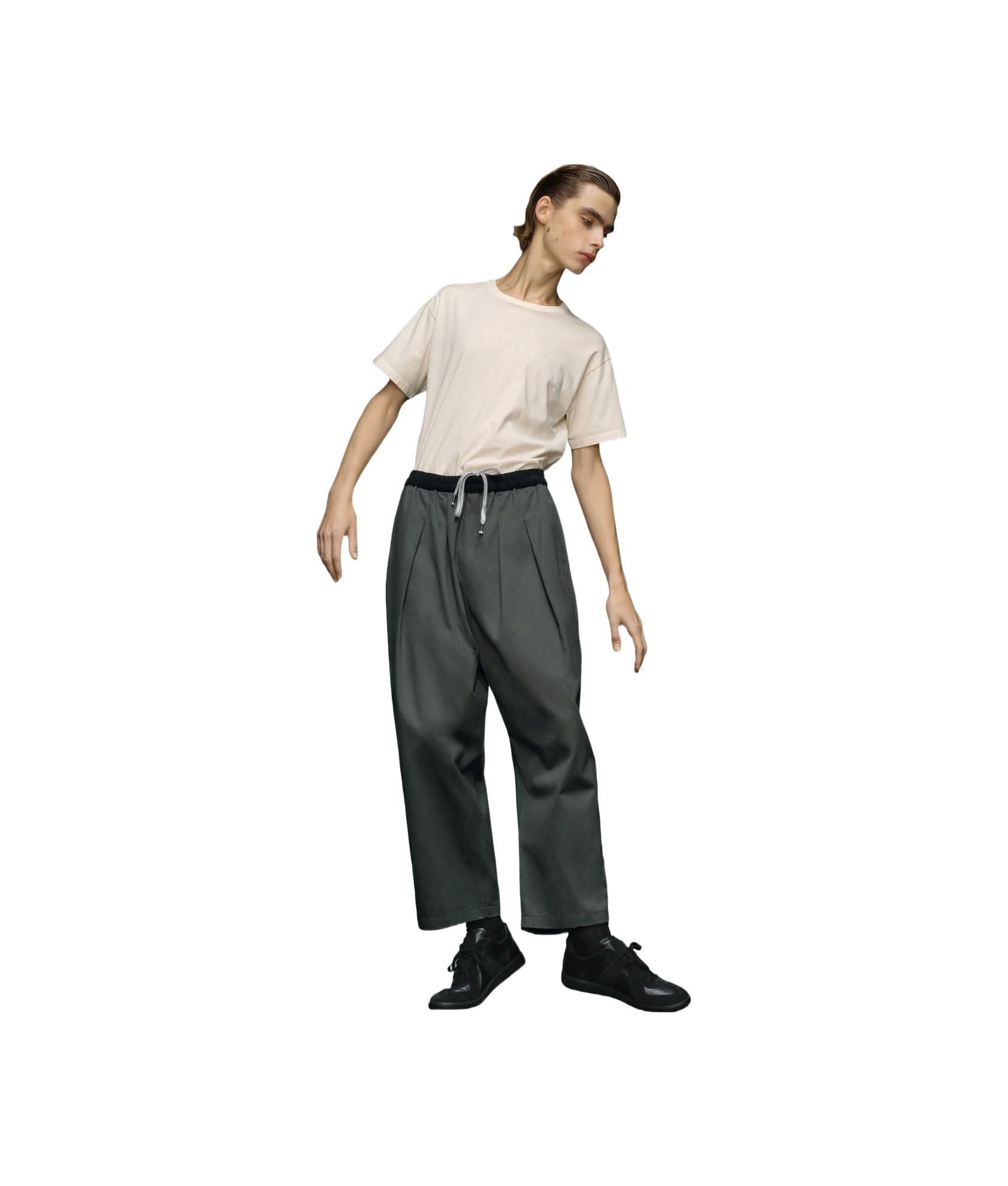 Maison Margiela Relaxed Dark Grey Pants With Contrasting Waistband In Gold
