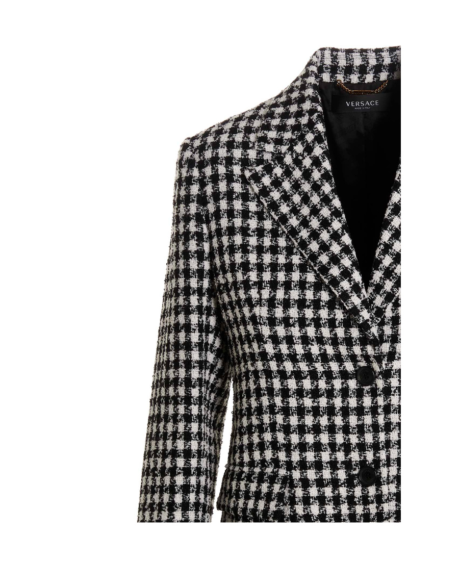 Versace Dogtooth Single-breasted Tweed Blazer In Black