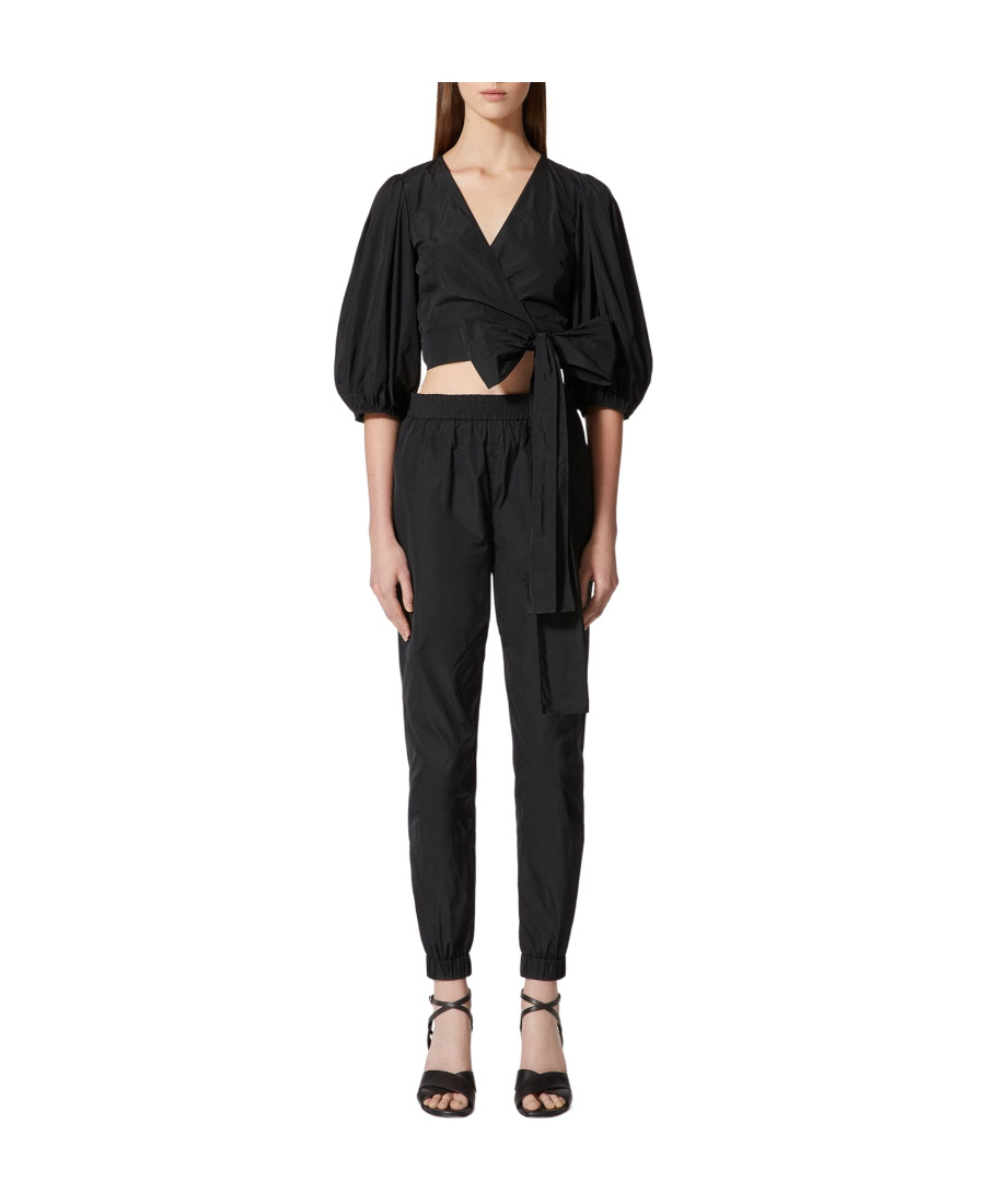 Red Valentino Black Crop Blouse With Bow And Triangle Cut-out Detail In Taffeta Woman In Black