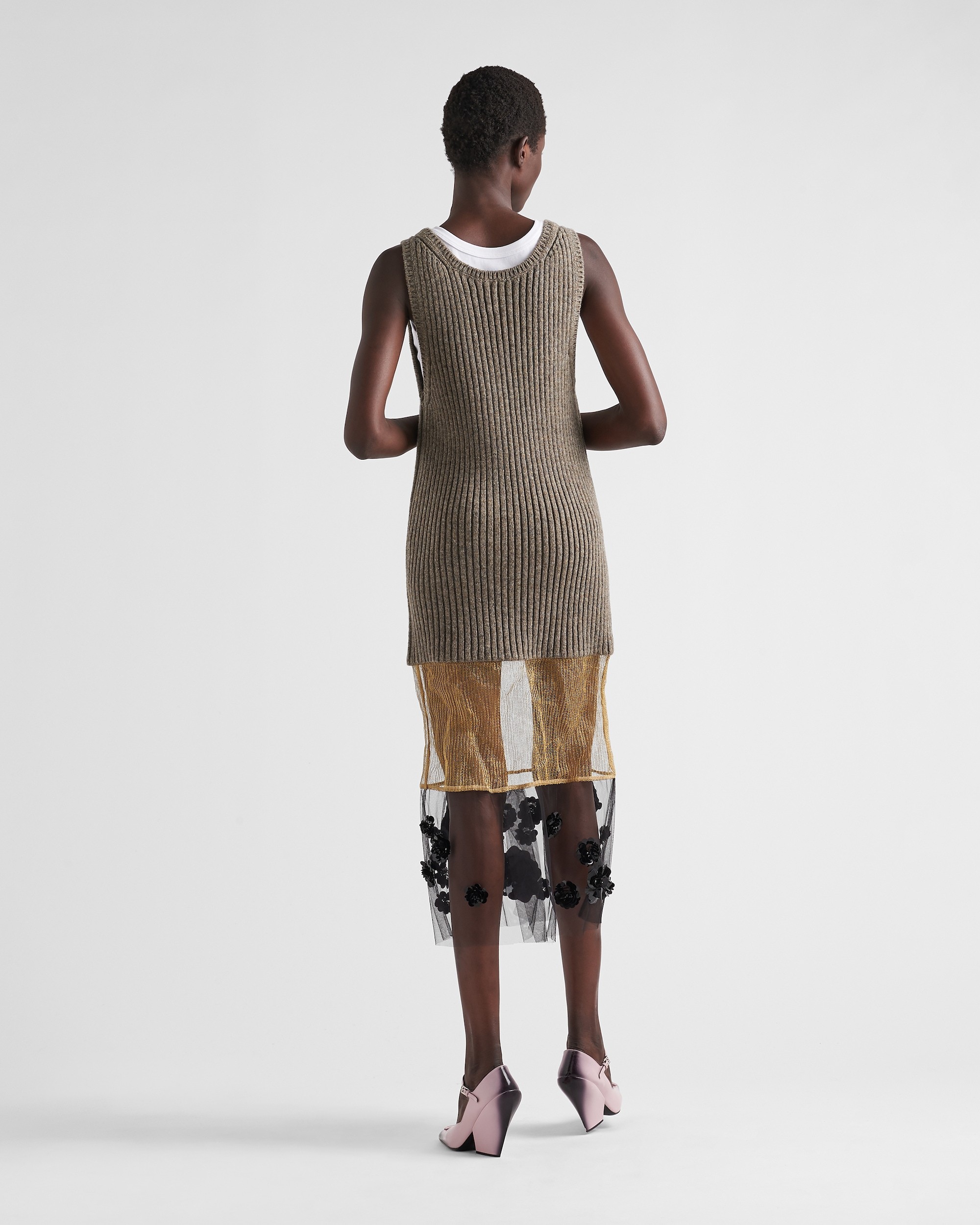 Prada Sleeveless Floral-embroidered Knit Dress In Nude