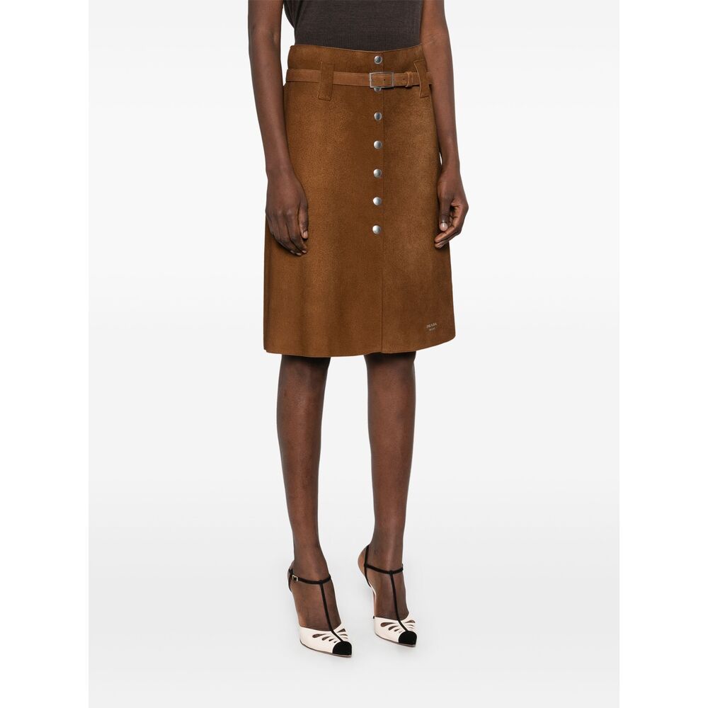 Prada Belted Midi Skirt In Brown