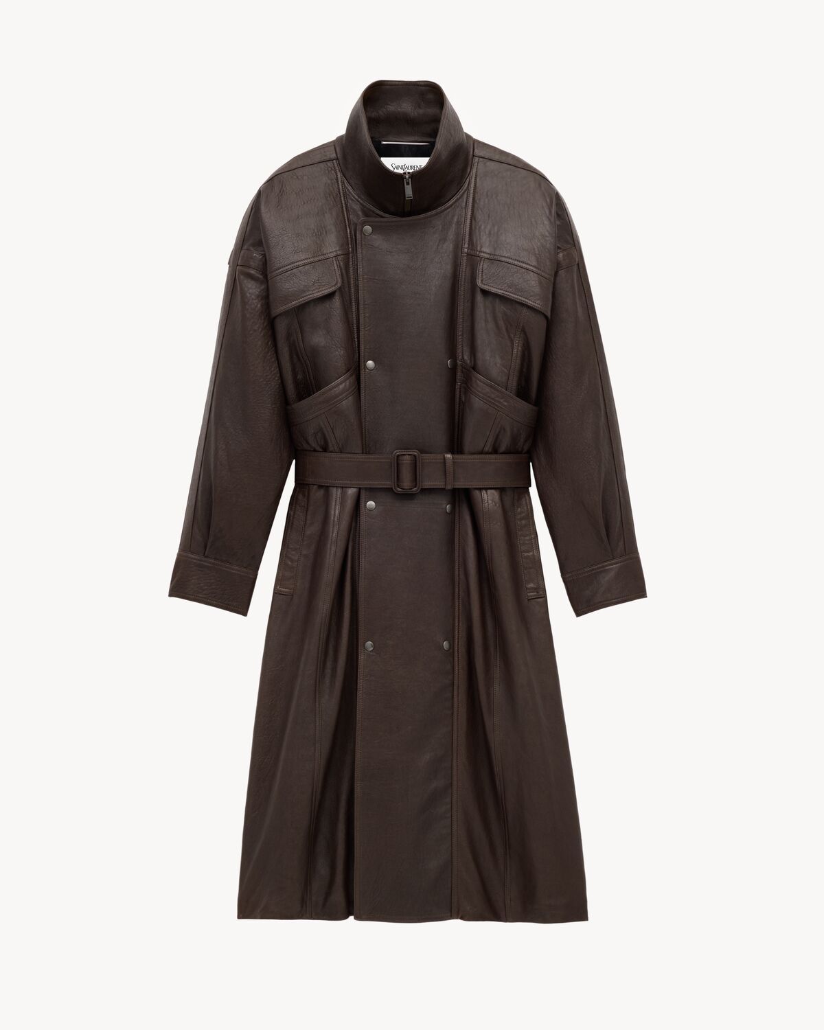 Saint Laurent Long Coat In Bubbled Lambskin In Brown