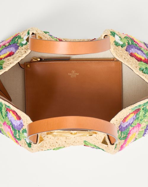 Valentino Garavani Beige Handbag With Metallic Vlogo On The Front And Floral Embroidery In Raffia Wo In Nude