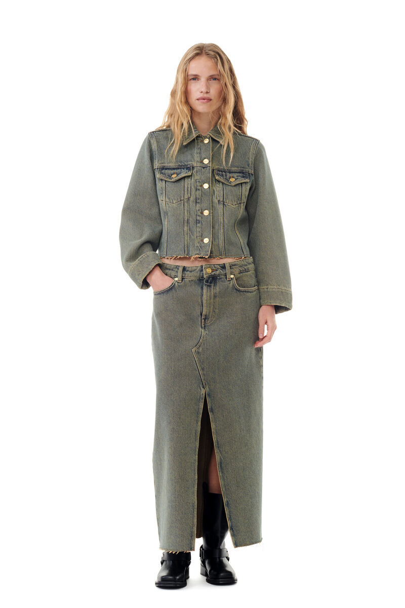 Ganni Maxi Grey Skirts With Slit At The Front In Denim Woman In Green