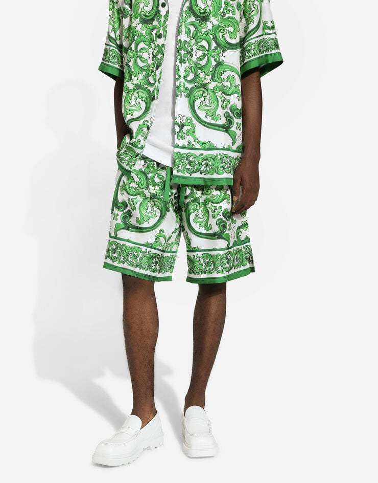 Dolce & Gabbana Maiolica Print Silk Bermuda In Green