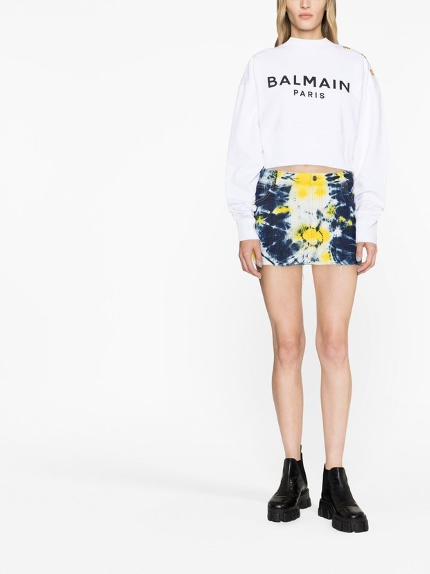 Balmain Cropped Sweatshirt With Logo Print And Buttons In White