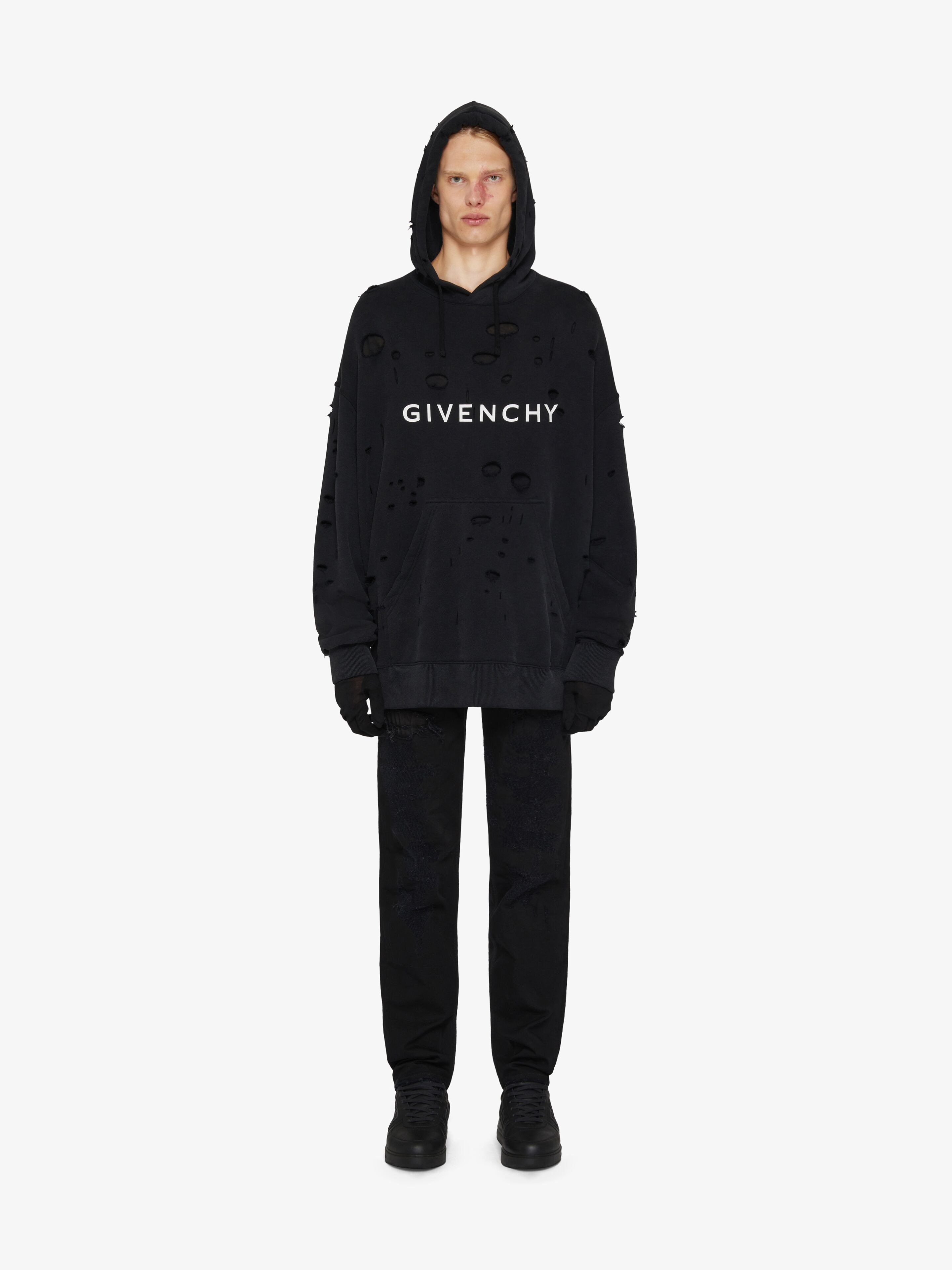 GIVENCHY GIVENCHY DISTRESSED LOGO PRINTED DRAWSTRING HOODIE