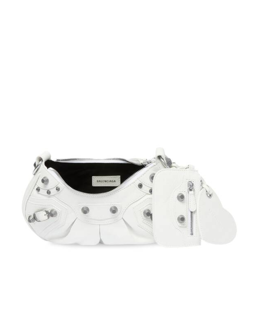 Balenciaga Green Leather Shoulder Handbag With Magnetic Closure And Metal Details In White