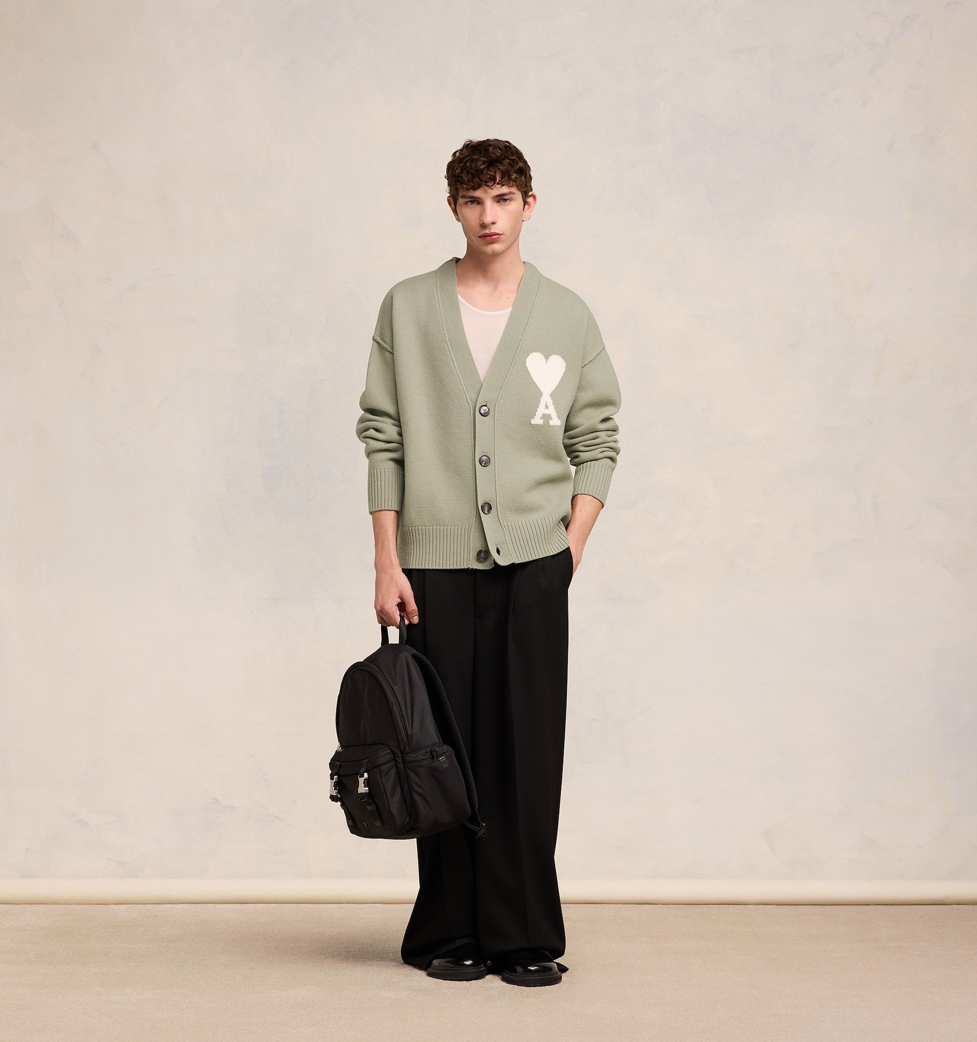 Ami Alexandre Mattiussi Ami Paris Ami De Coeur Wool Cardigan Sage Green In Green