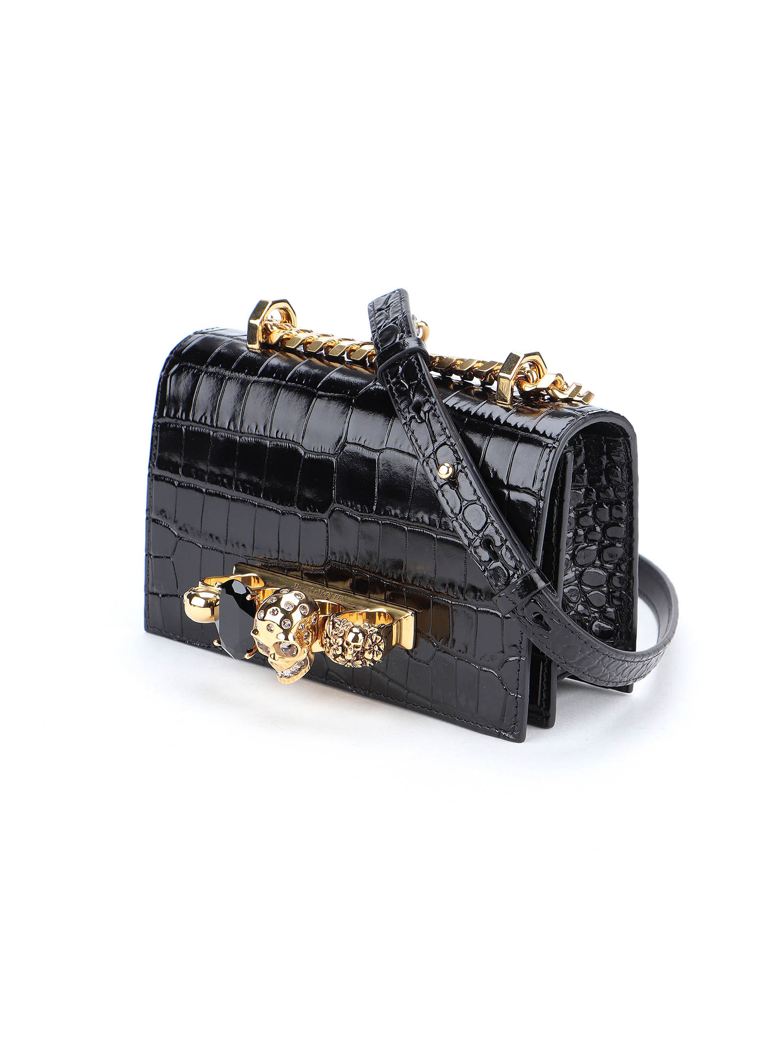 Alexander Mcqueen Jewelled Crocodile-effect Satchel In Black