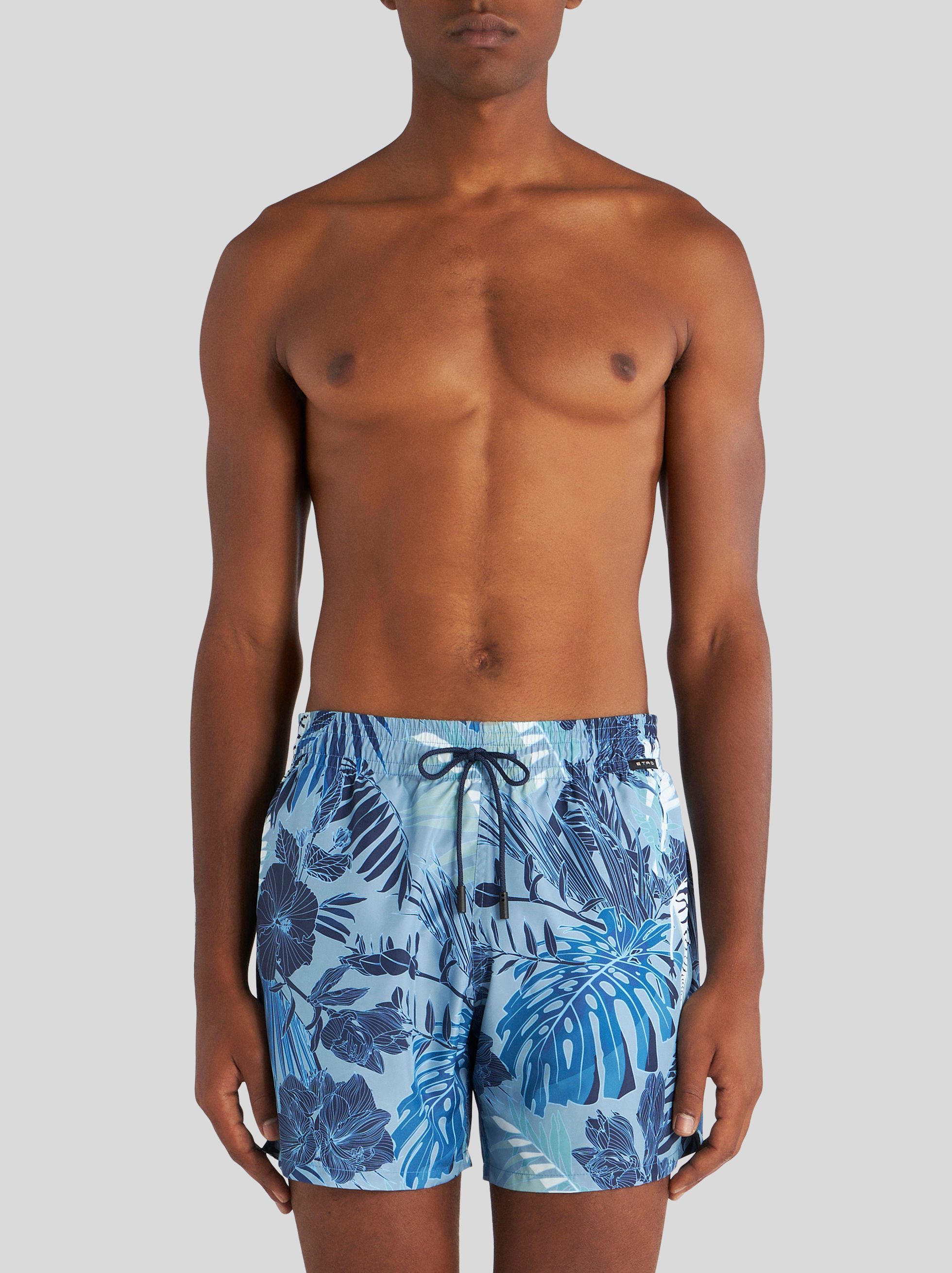 Etro Boxer Swimsuit With Maxi Floral Print In Blue