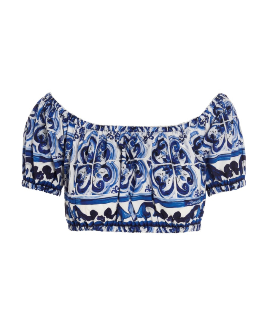 Dolce & Gabbana Majolica-print Cropped Blouse In Blue