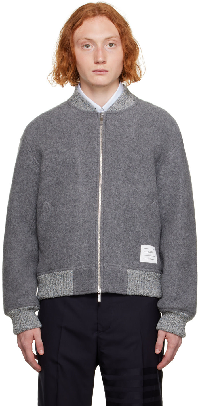 Thom Browne Grosgrain-trimmed Wool Bomber Jacket In Gray